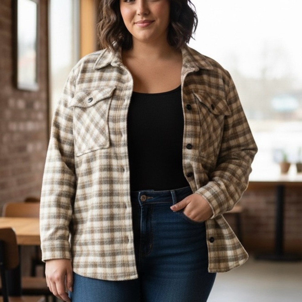 Jade & Ivory women’s Beige and Blue Plaid Button-Down shirt jacket size‎ XL